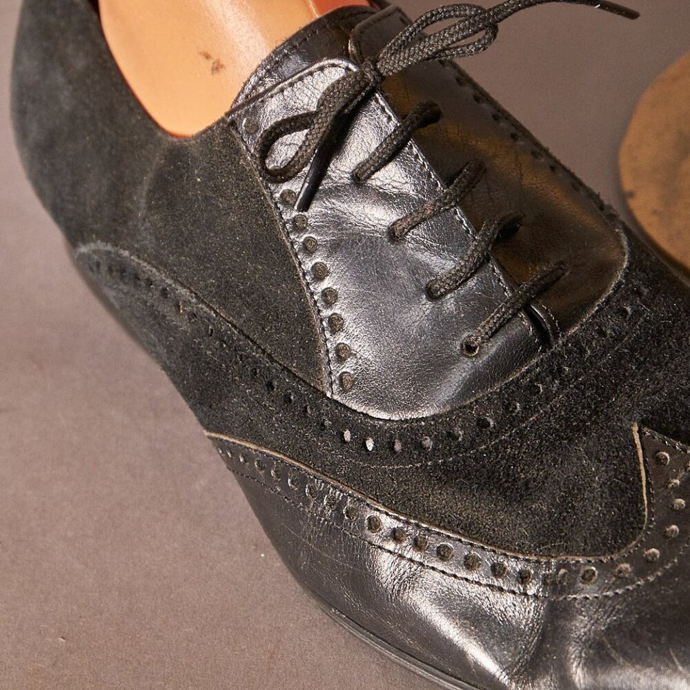 1990s Dune Wingtip Black Suede and Patent Leather Shoes